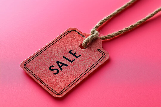 Minimal red SALE tag on pink background with rope. Modern retail marketing, online shopping discount, e-commerce promotion, Black Friday, Cyber Monday, and minimal product design for sale advertising.