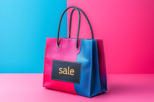 Modern colorful shopping bag with SALE label on vibrant pink and blue background. E-commerce, retail promotion, online discount, fashion sale, digital marketing, Black Friday, Cyber Monday design.
