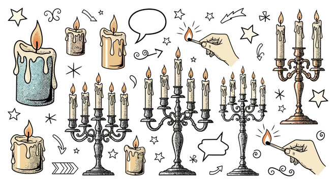 Elegant Candles and Candelabras: Hand-Drawn Vector Illustration with Flame Elements