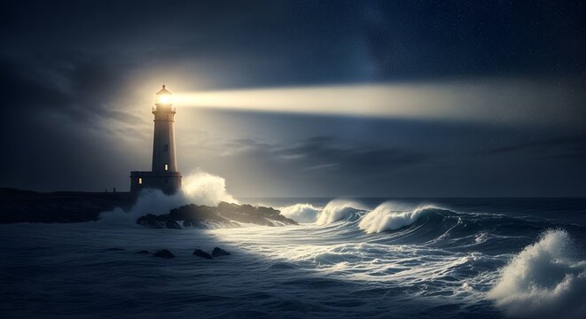 A lighthouse standing tall on a rocky coastline with waves crashing around it under a dark, cloudy sky illuminated by the lighthouse beam during a stormy night