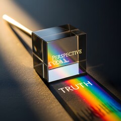 A clear glass cube casting a rainbow-colored light beam with the words 'PERSPECTIVE' and 'TRUTH' reflected on a dark surface, symbolizing clarity and insight into perception and honesty