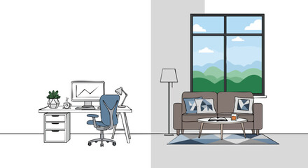 Fototapeta premium Drawn digital workspace and living space with furniture depicting a productive and relaxed home environment perfect for modern lifestyles