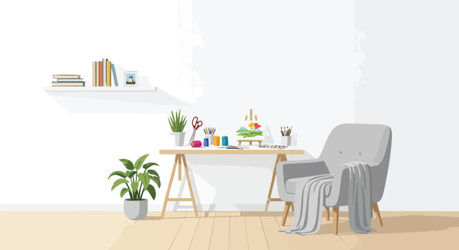 Serene creative workspace featuring a minimalist desk art supplies and comfortable armchair in a well lit room