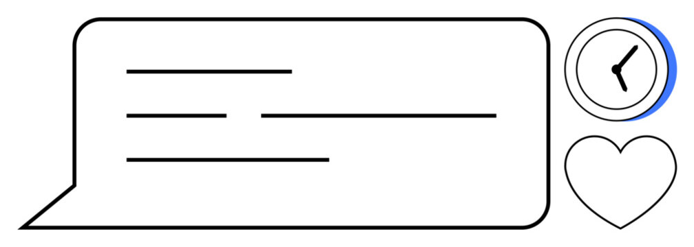 Speech bubble with lines, clock, and heart icon representing communication, time management, and engagement. Ideal for messaging, chat, planning, communication connection social media simple flat