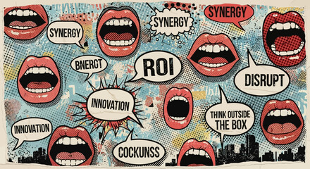 Pop Art Business Jargon Background with Lips and Speech Bubbles in Urban Setting