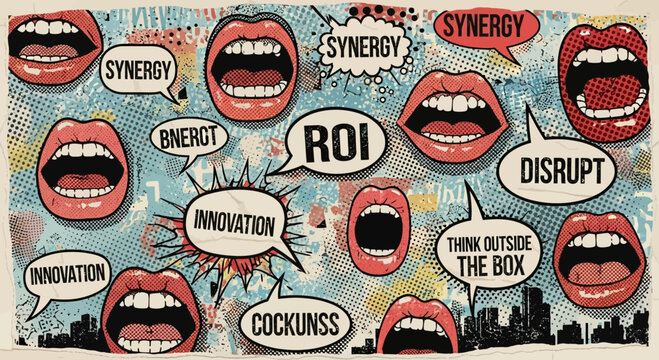 Pop Art Business Jargon Background with Lips and Speech Bubbles in Urban Setting