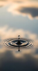 A close-up of a single water droplet creating ripples on a calm surface during sunset with soft, warm lighting and a blurred sky background