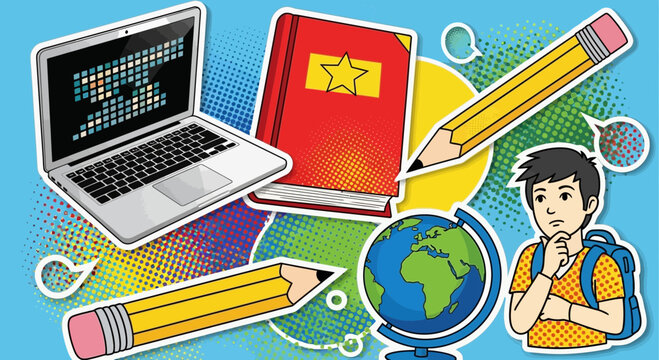 Diverse education tools illustration with schoolboy thinking about future learning