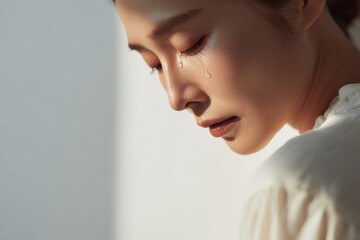 young woman with closed eyes gently sheds tear on her cheek evoking sense of deep emotion