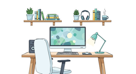 Illustration of a cozy home office setup with desk, computer, shelves, and various accessories for working or studying