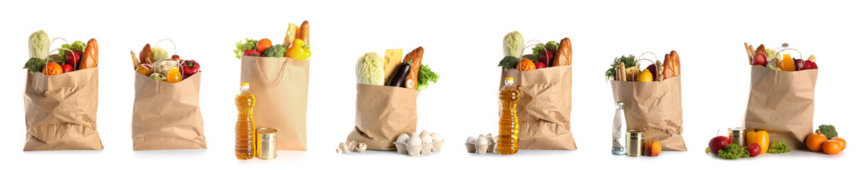 Set of paper bags with food on white background. Grocery shopping