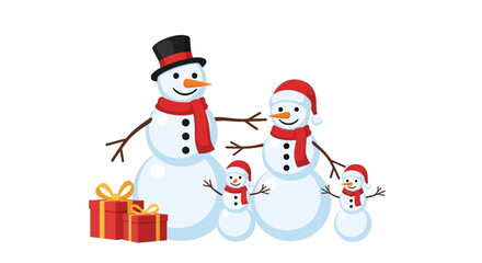 Cheerful snowman family with gifts in festive winter setting