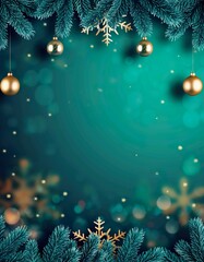 Modern emerald green Christmas poster featuring gold and silver decorations with elegant frame