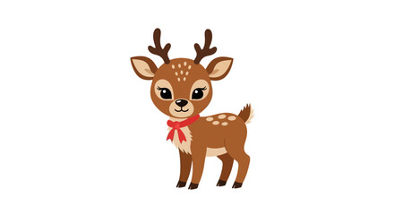 A cute fawn with a red ribbon is standing on a white background