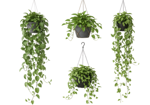 Four hanging potted plants with cascading green foliage