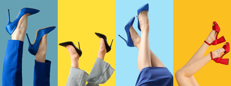 Collage of female feet in high-heeled shoes on color background