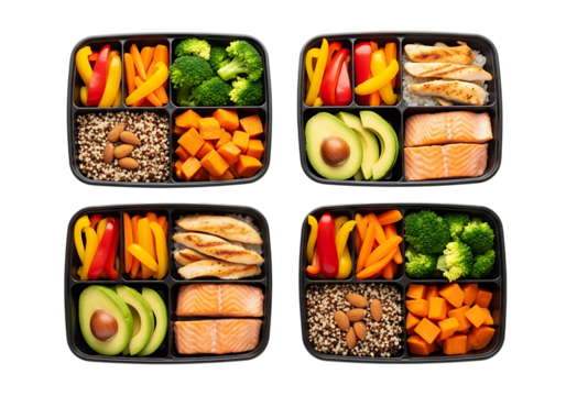 Four Meal Prep Containers With Healthy Food Assortment