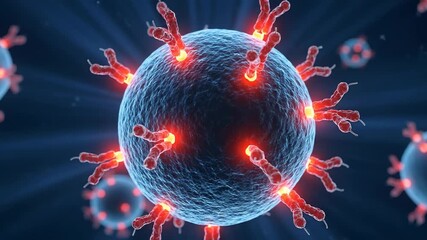 Microscopic View of a Spherical Virus Particle with Red Spike Proteins and Blue Light Rays on a Dark Blue Background - Powered by Adobe