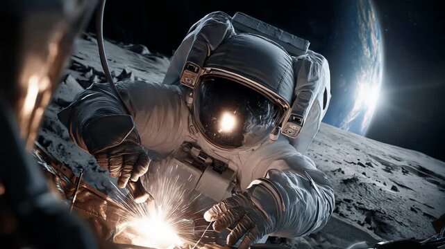 Repair operation on lunar surface with Earth rising in background