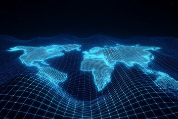 A glowing 3D gridded world map around the continents, representing futuristic technology.
