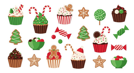 Festive collection of cupcakes gingerbread and candy for Christmas