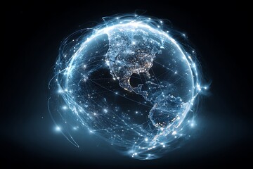 holographic sphere world map with inner glowing connections, digital communication and fintech concept
