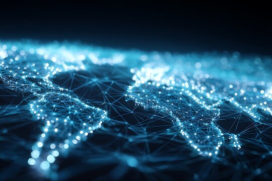 A glowing 3D gridded world map around the continents, representing futuristic technology. - Powered by Adobe