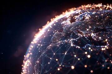 holographic sphere world map with inner glowing connections, digital communication and fintech concept