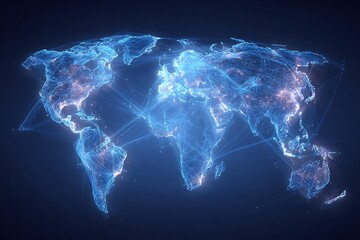 Transparent floating world map overlay on technology background with glowing lines connecting.