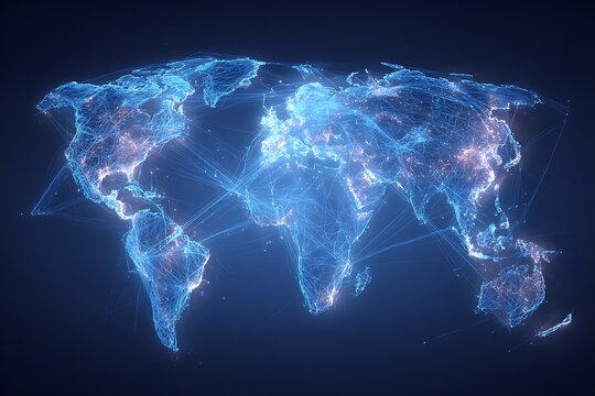 Transparent floating world map overlay on technology background with glowing lines connecting.