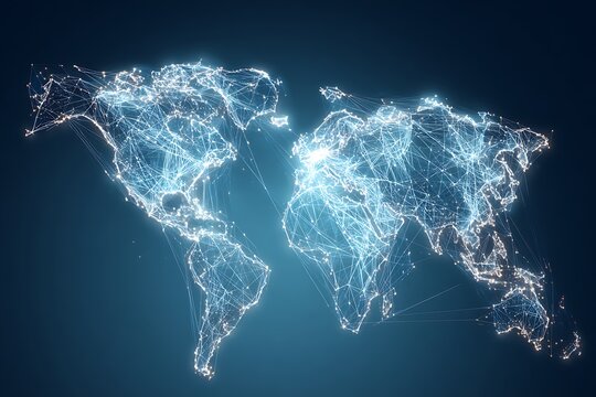 Transparent floating world map overlay on technology background with glowing lines connecting. - Powered by Adobe