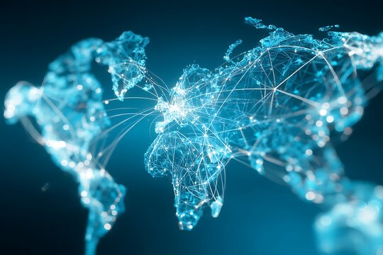 Transparent floating world map overlay on technology background with glowing lines connecting.