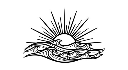 Stylized Sunrise Over Ocean Waves.