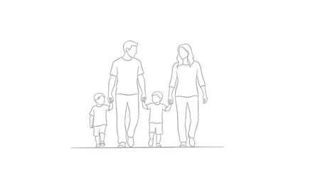 Simple Line Drawing of a Family Walking Together.