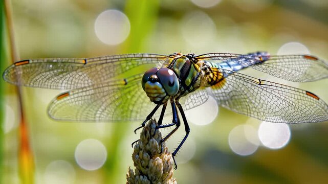 Dragonfly Perching on Plant, Macro Close Up