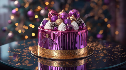 festive purple and gold holiday cake with ornaments and ribbon in Christmas setting