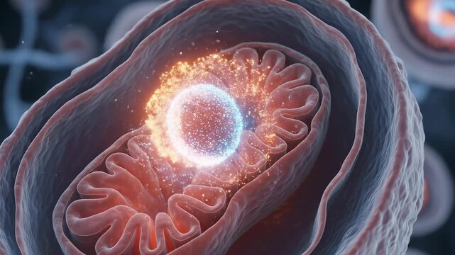 Detailed 3D Microscopic View of a Mitochondrion Generating Energy with Glowing Core and Particles in a Dark Cellular Environment Representing Cellular Respiration and Biological Powerhouse Function