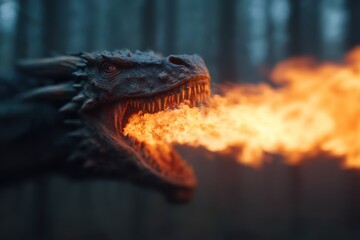 Naklejka premium Comic Fantasy Dynamic pose concept. Majestic dragon exhaling flames in a mystical forest setting.