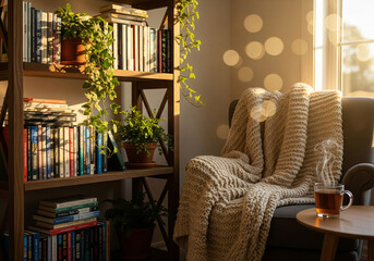 Cozy reading nook bathed in warm sunlight featuring bookshelves comfortable armchair and lush greenery a tranquil retreat for relaxation and contemplation