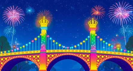 Festive city bridge illuminated with rainbow lights, colorful fireworks in night sky, joyful celebration atmosphere