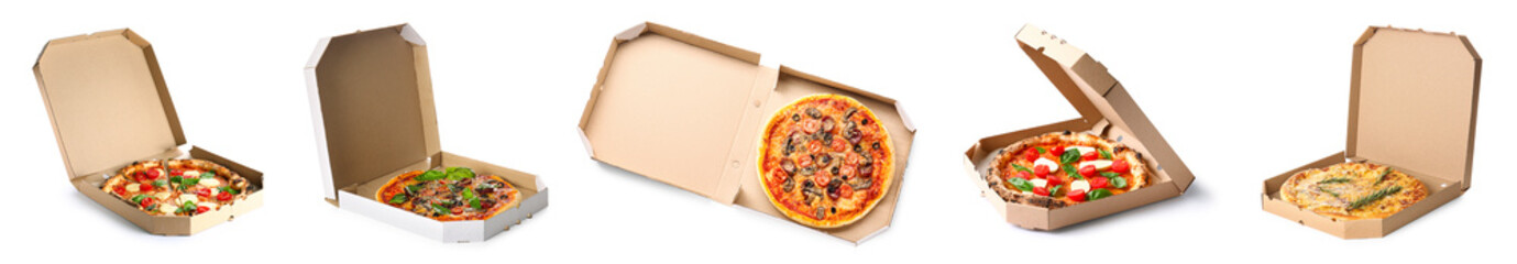 Set of tasty pizzas in boxes on white background