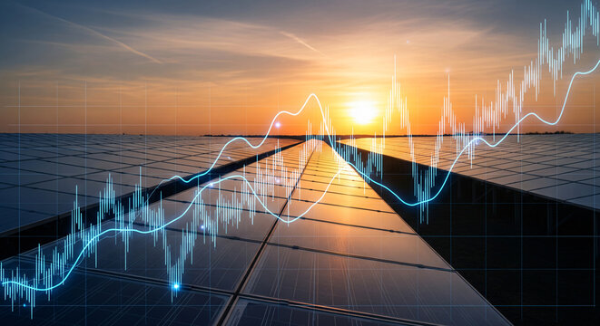 Solar panels with digital stock market charts overlaid at sunset represent the growth of renewable energy.