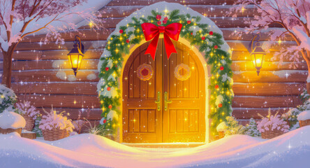 Festive doorway with garland bow lantern glow wooden cabin snow holiday wreath winter sparkling lights
