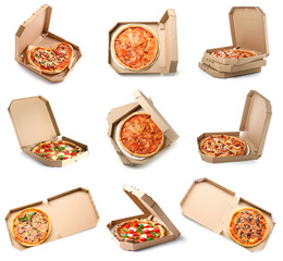 Set of tasty pizzas in boxes on white background