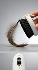 A creative composition featuring a computer mouse, a feather, and a cleaning brush arranged on a plain surface with a neutral background