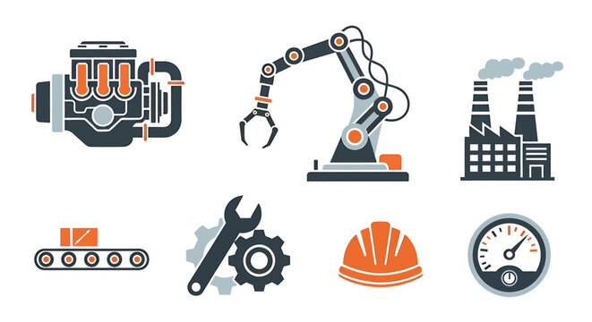 Industrial equipment and machinery icons for manufacturing and production