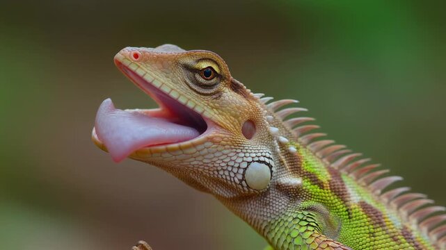 A close-up shot of a lizard with its mouth wide open and tongue extended, showing its detailed scales and spiky crest.