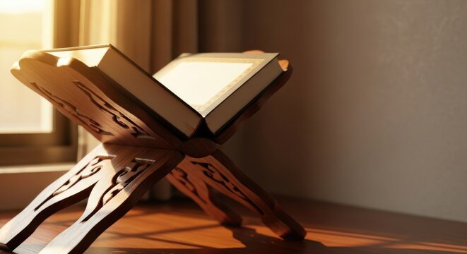 A wooden quran stand holds an open book, bathed in warm sunlight, symbolizing faith and knowledge