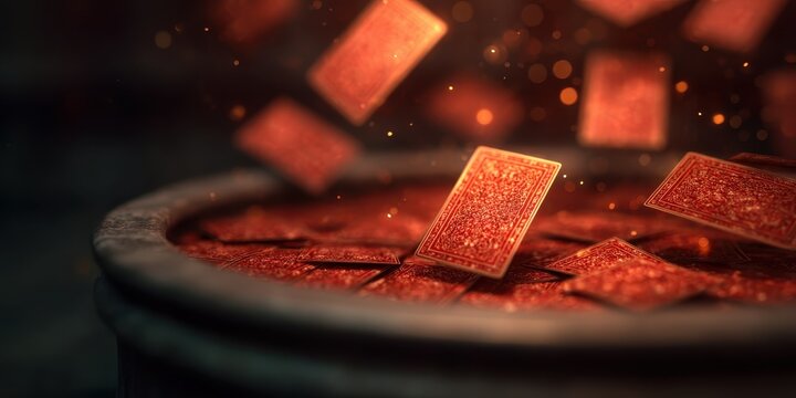 Comic Fantasy Dynamic pose concept. A pot filled with vibrant red liquid and playing cards floating above.