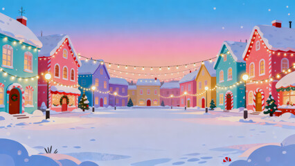Snowy town square with candy colored houses, festive lights, winter evening, peaceful, holiday atmosphere, decorated windows
